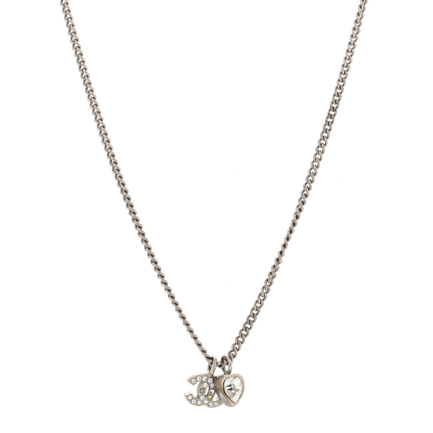 Chanel Crystal Mini Heart CC Necklace Silver 1 of 4