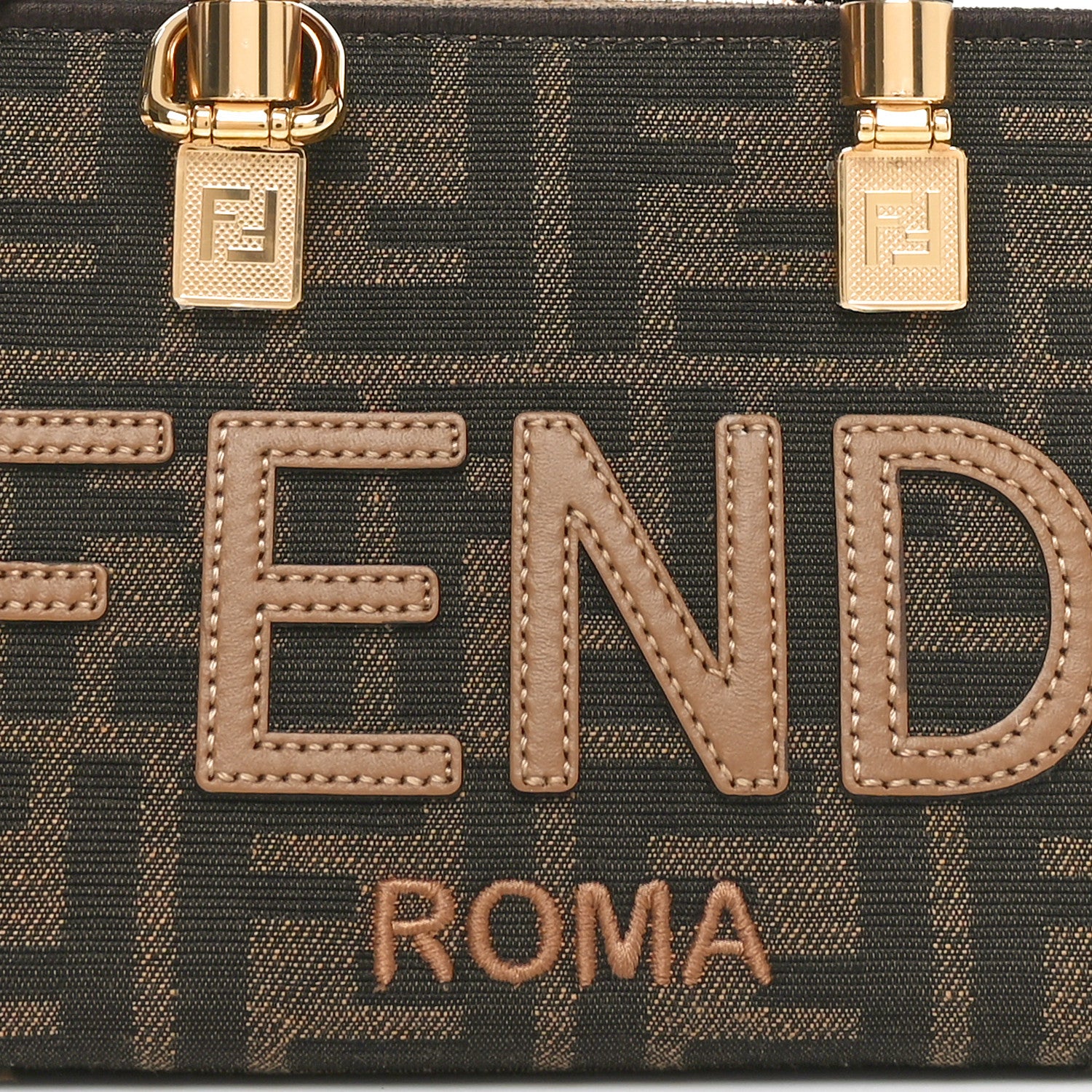 Fendi Fabric Jacquard Vitello King Plexiglass FF 1974 Logo Embroidered Mini By The Way Top Handle Boston Bag Tobacco Moro Sand 8 of 10