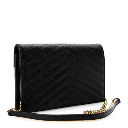 Saint Laurent Grain De Poudre Matelasse Chevron Monogram Envelope Chain Wallet Black 3 of 10