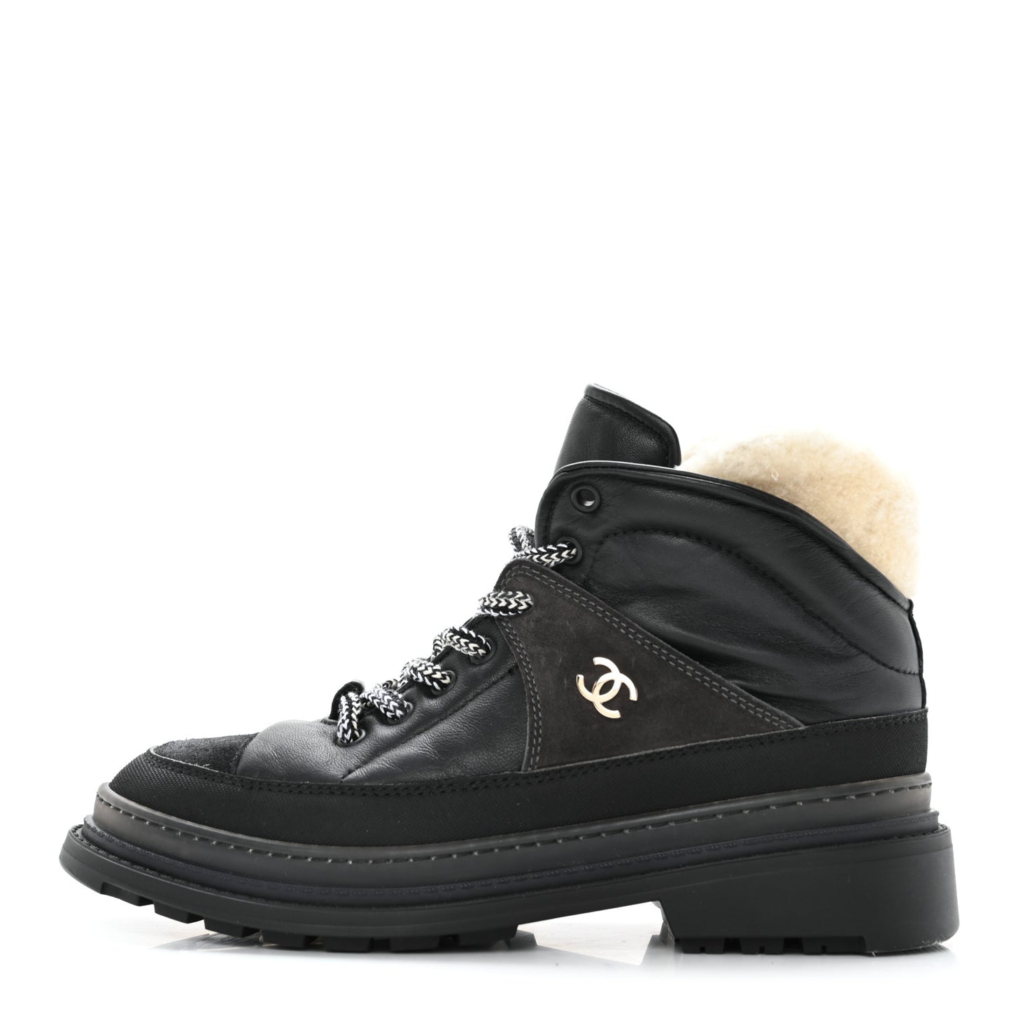 Lambskin Shearling Suede CC High Lace Up Boots 38 Black