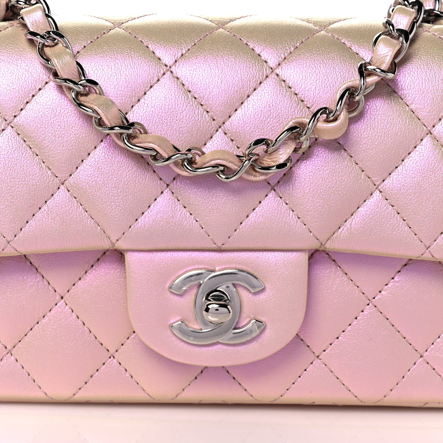 Iridescent Calfskin Quilted Mini Rectangular Flap Pink