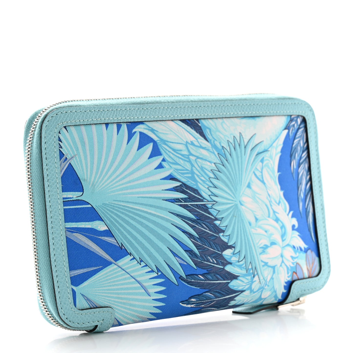 Epsom Printed Silk Flamingo Party Soie-Cool Wallet Mykonos Bleu Atoll