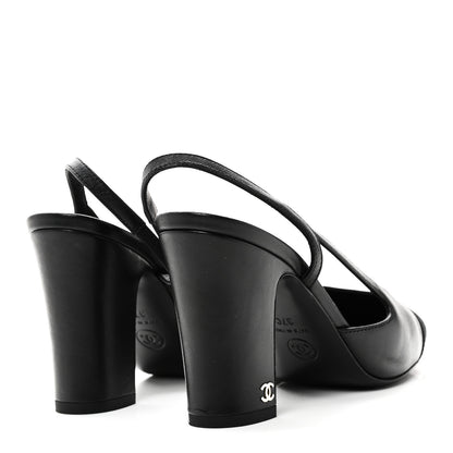 Chanel Lambskin Grosgrain Cap Toe CC Slingback Pumps 37 Black 5 of 10