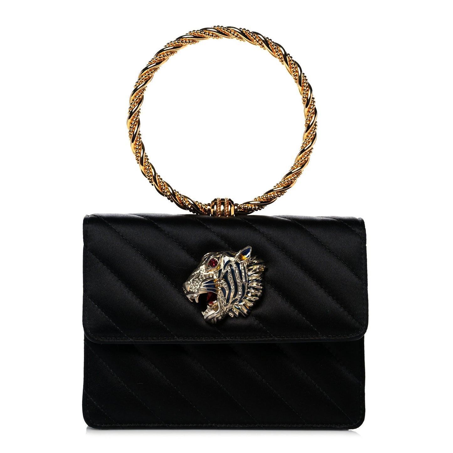 Satin Quilted Rajah Broadway Ring Top Handle Bag Black