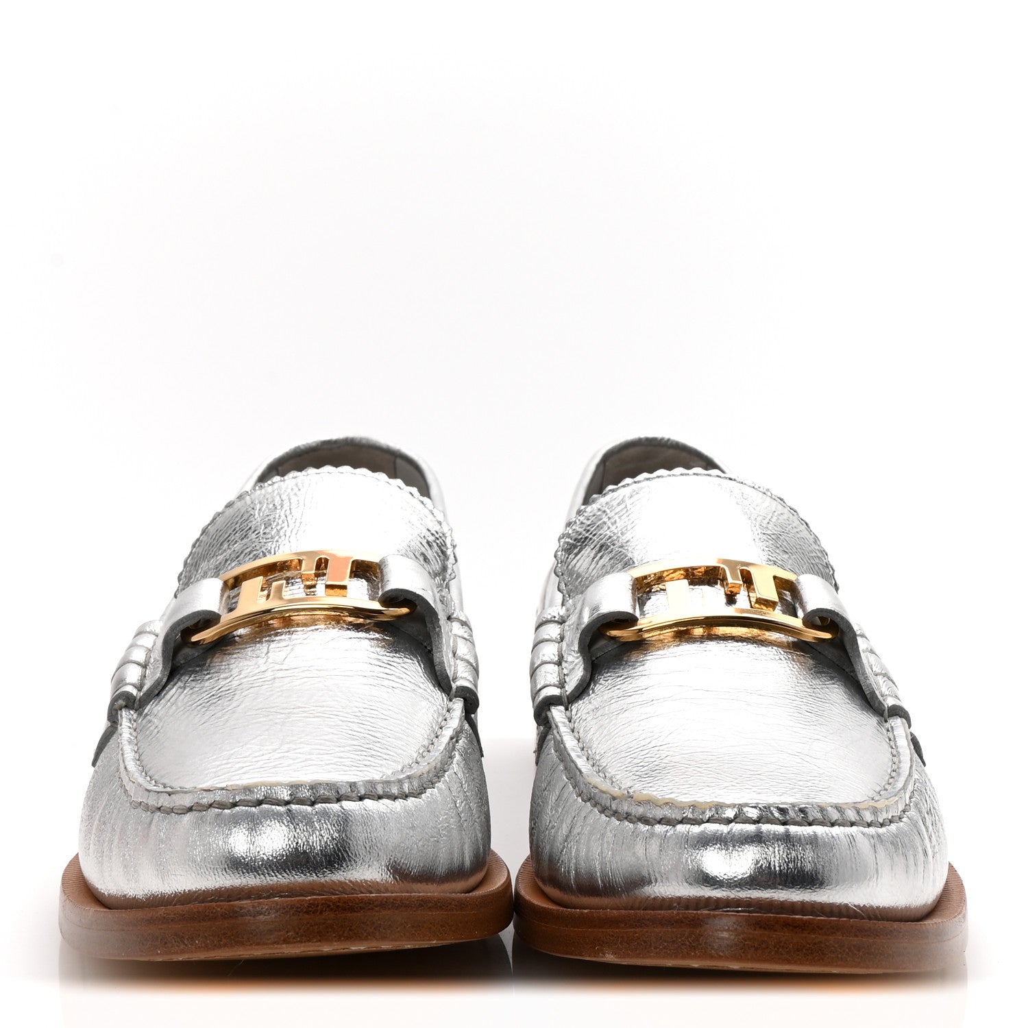 Fendi Metallic Vitello Womens O'Lock Loafers 39 Argento 3 of 8