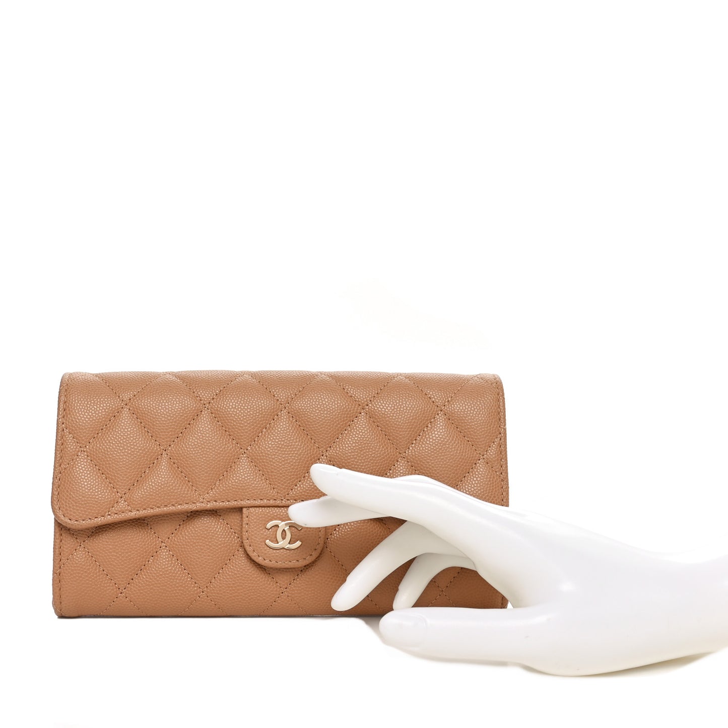 Caviar Quilted Large Gusset Flap Wallet Beige