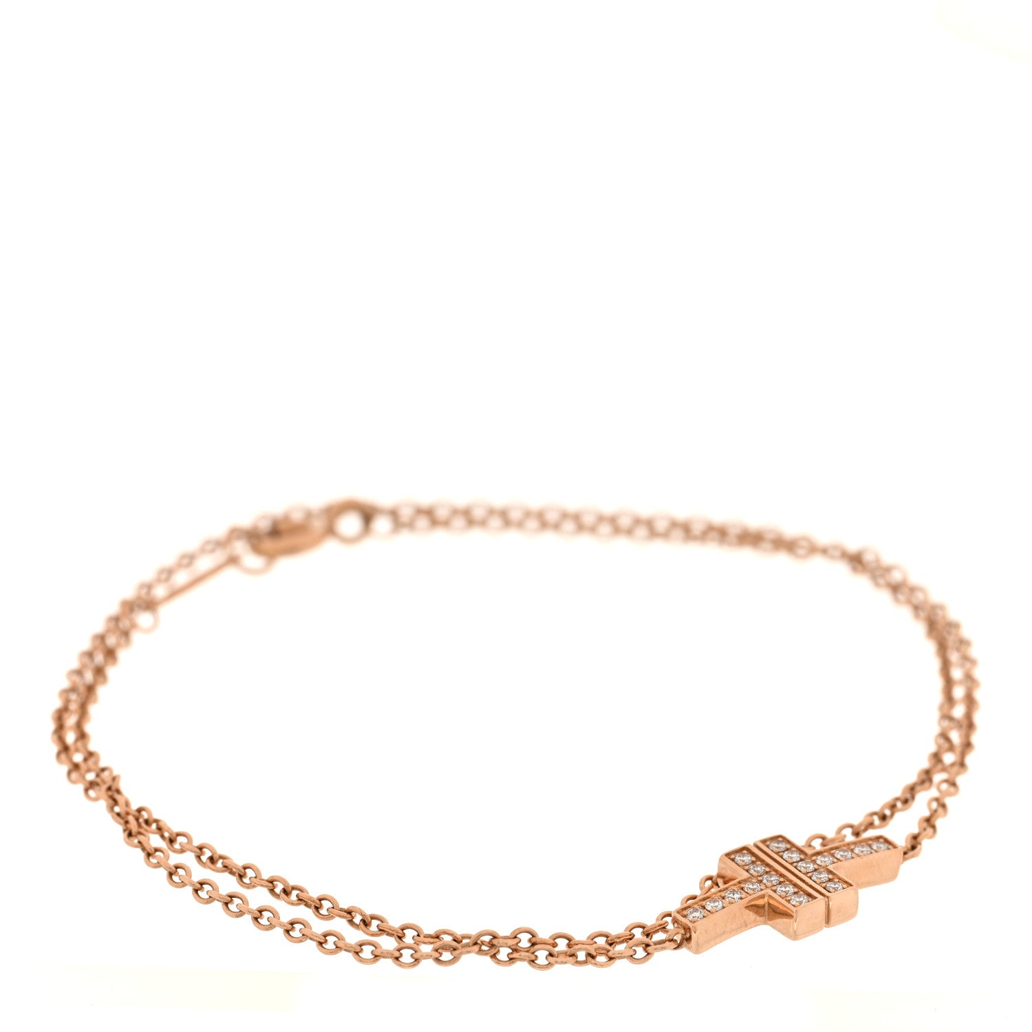 Tiffany 18K Rose Gold Diamond T Double Chain Bracelet 1 of 4