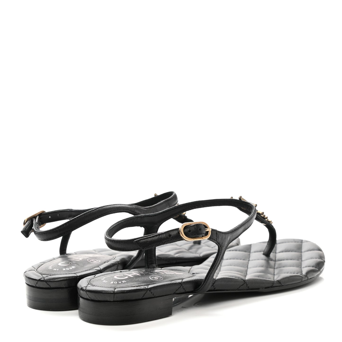 Calfskin Paris Dallas Quilted Star CC Thong Sandals 37 Black