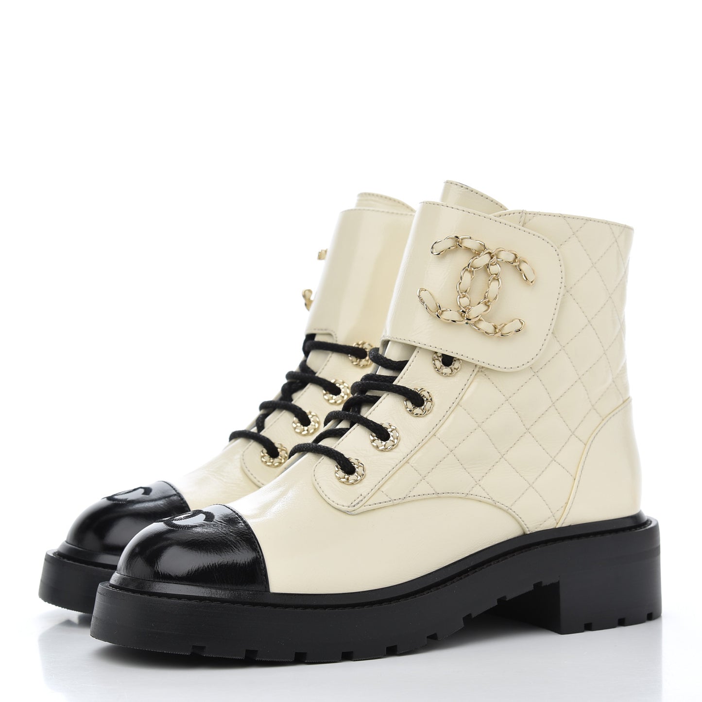 Shiny Goatskin Calfskin Quilted Lace Up Combat Boots 37.5 White Black