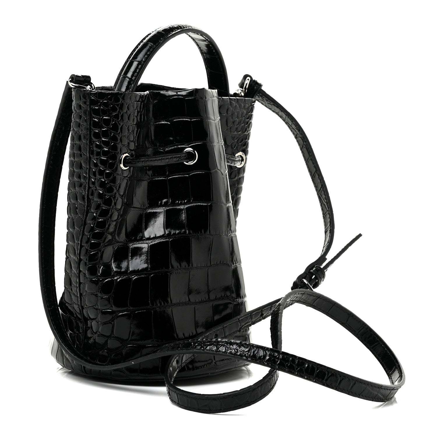 Balenciaga Shiny Calfskin Logo Crocodile Embossed XS Everyday Bucket Bag Black 3 of 15