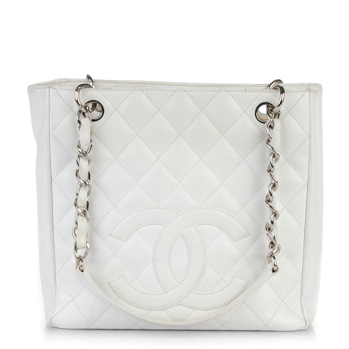 Caviar Quilted Petit Shopping Tote PST White