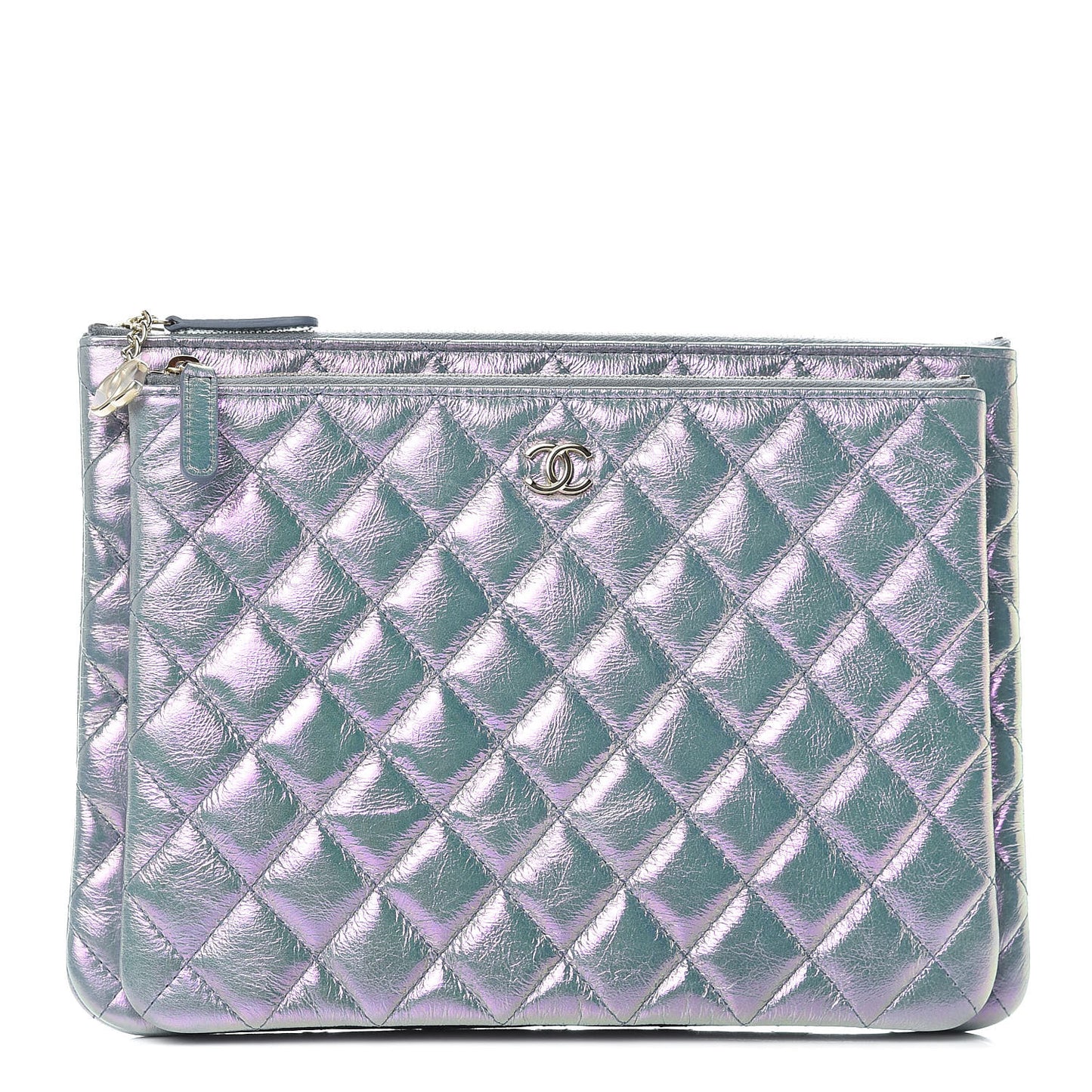 Iridescent Crumpled Lambskin Double Cosmetic Case Light Blue