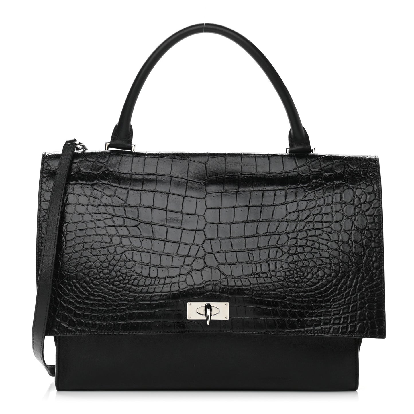 Calfskin Crocodile Embossed Medium Shark Lock Satchel Black