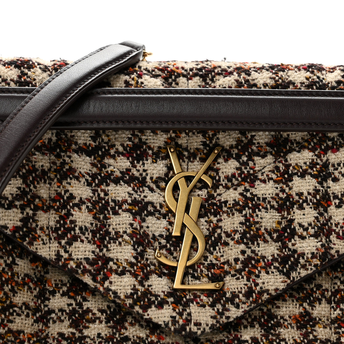 Saint Laurent Tweed Quilted Medium Loulou Puffer Monogram Chain Satchel Beige Umber Multicolor 8 of 12