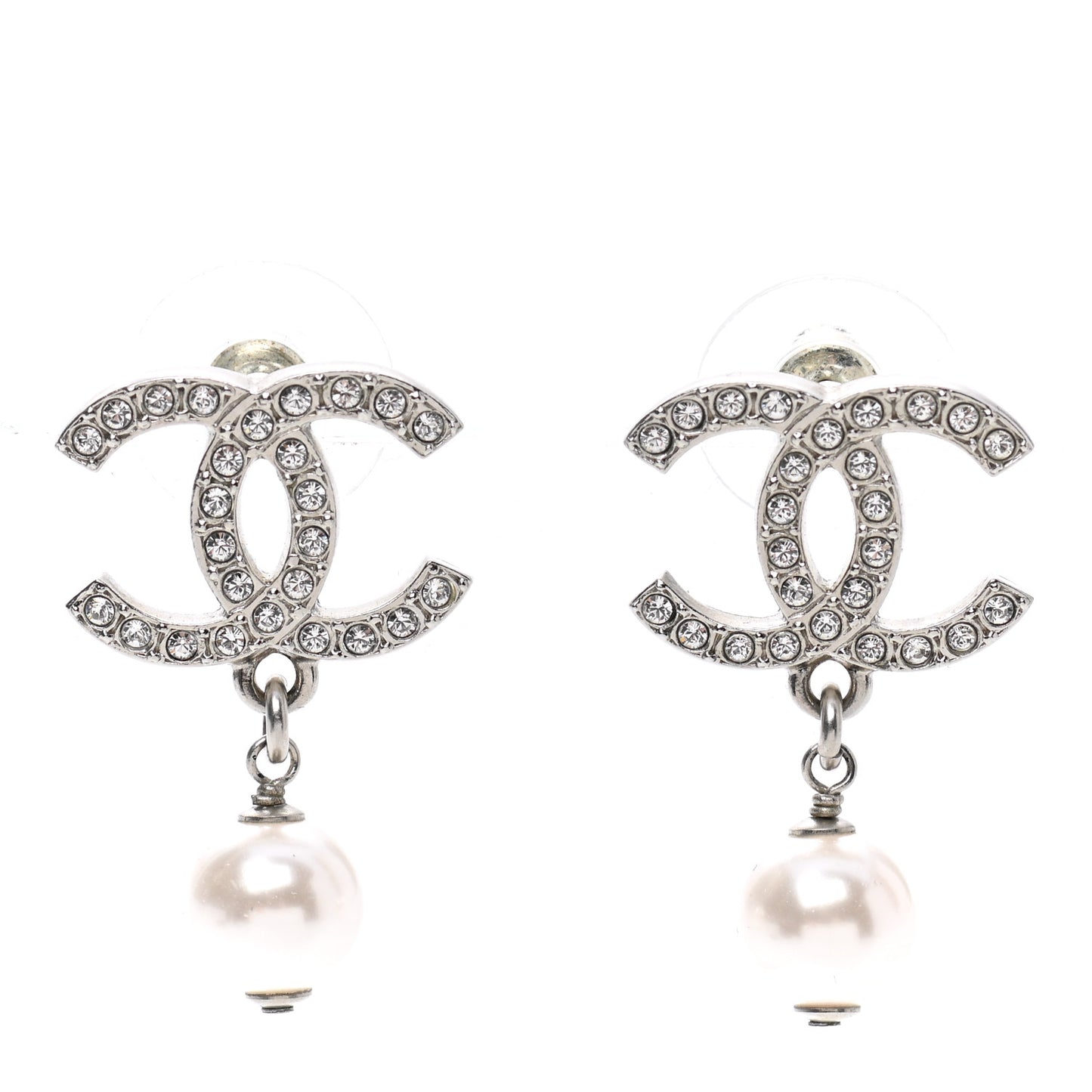 Crystal Pearl CC Drop Earrings Silver Pearly White