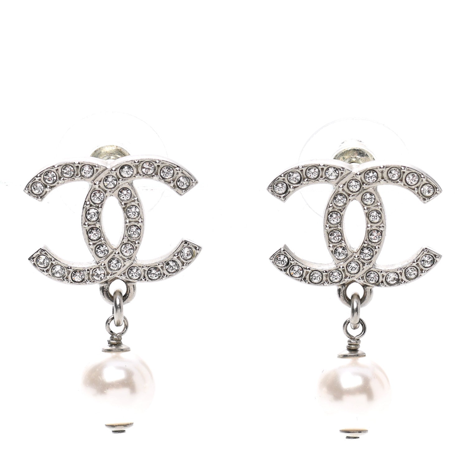 Chanel Crystal Pearl CC Drop Earrings Silver Pearly White 1 of 5