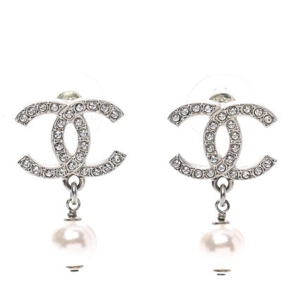 Chanel Crystal Pearl CC Drop Earrings Silver Pearly White 1 of 5