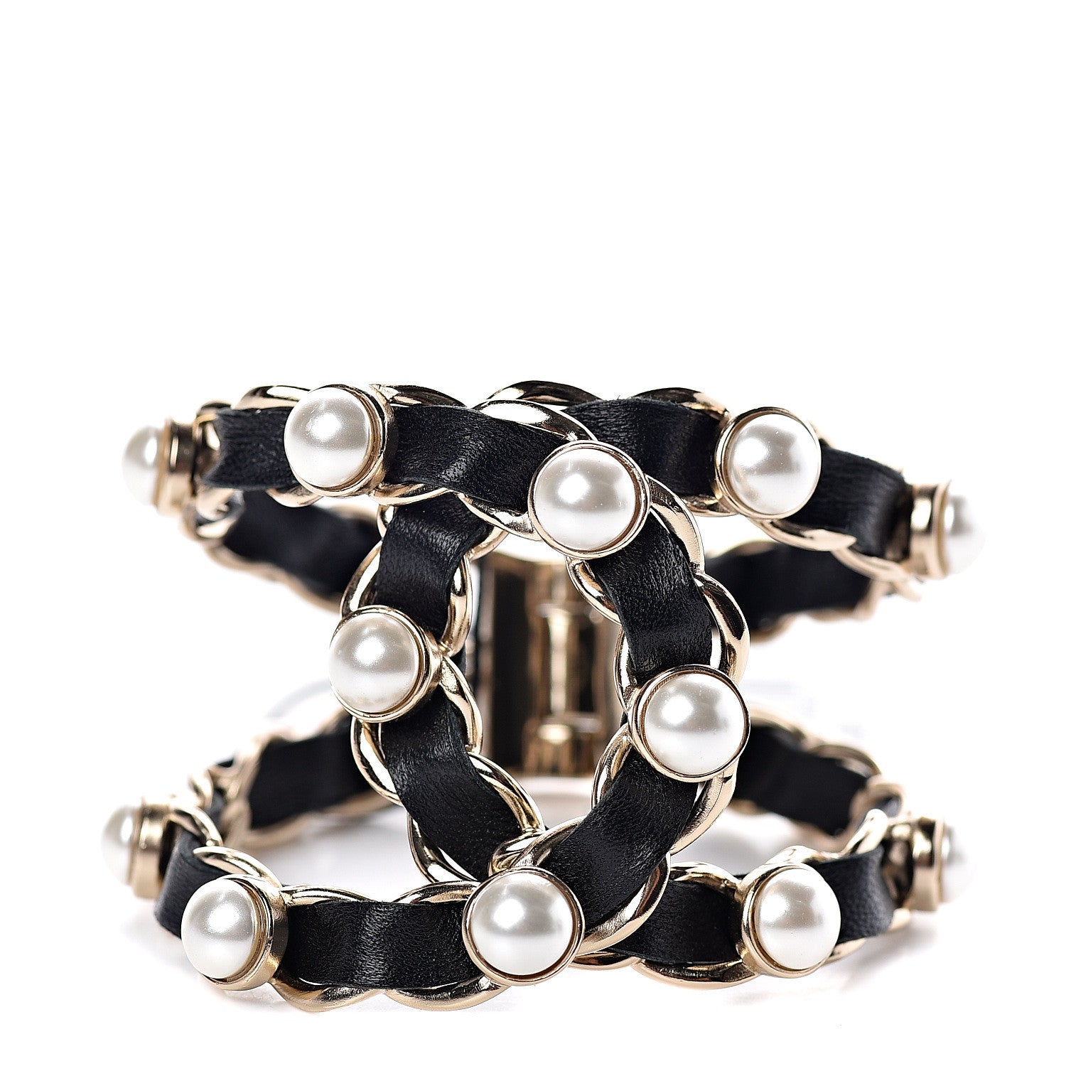 Chanel Lambskin Chain Pearl Bracelet Gold Black 1 of 3