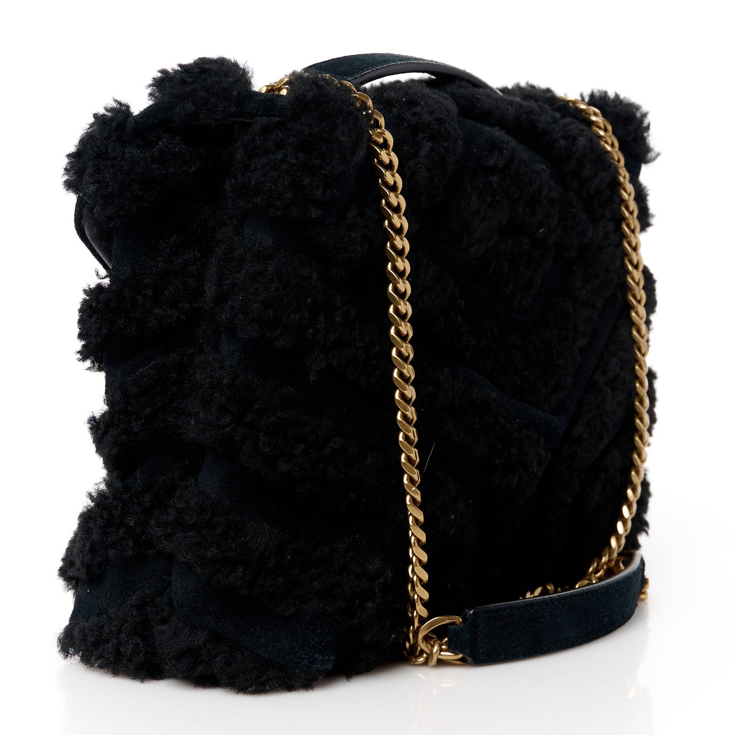 Suede Shearling Y Quilted Monogram Small Loulou Chain Satchel Black