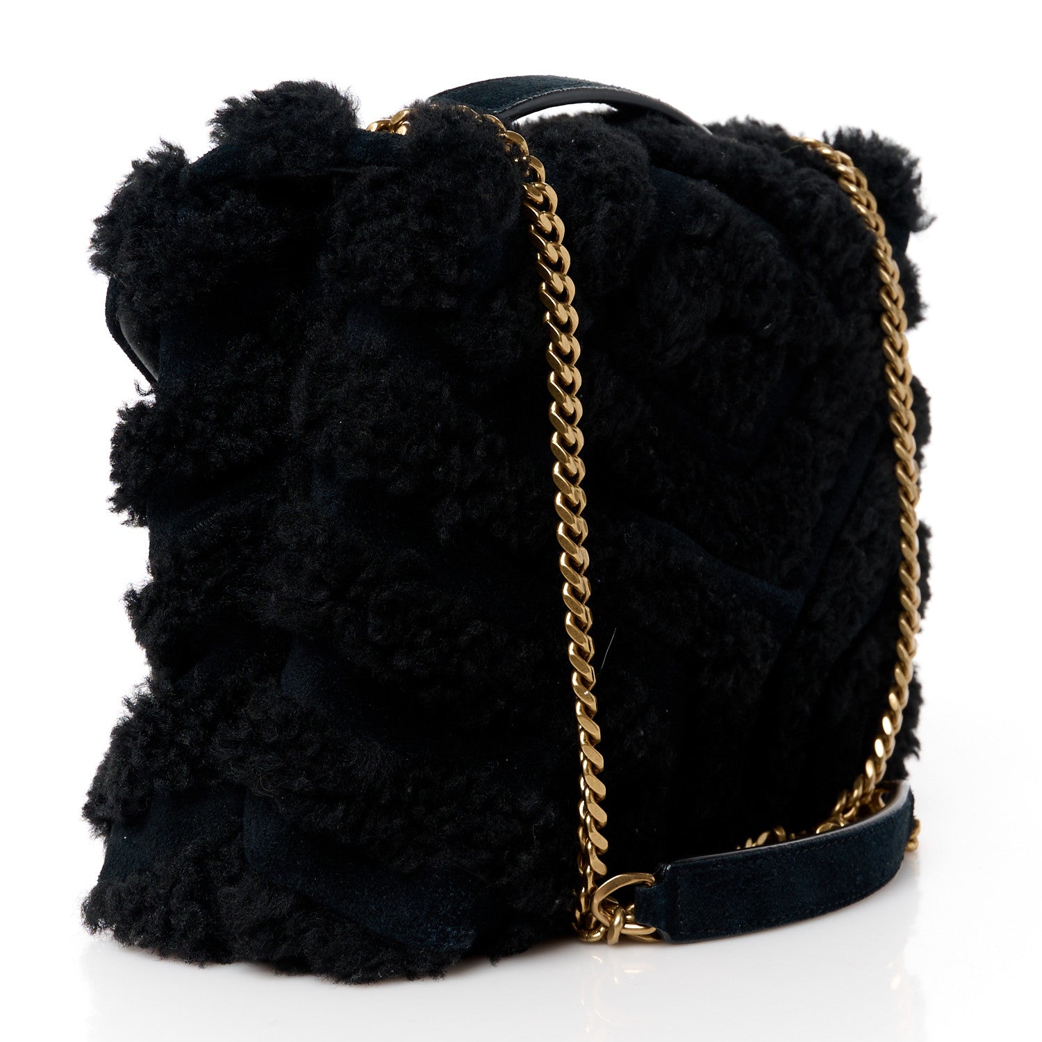 Saint Laurent Suede Shearling Y Quilted Monogram Small Loulou Chain Satchel Black 3 of 11