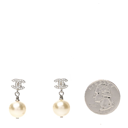 Chanel Crystal Pearl CC Drop Earrings Silver Pearly White 2 of 4