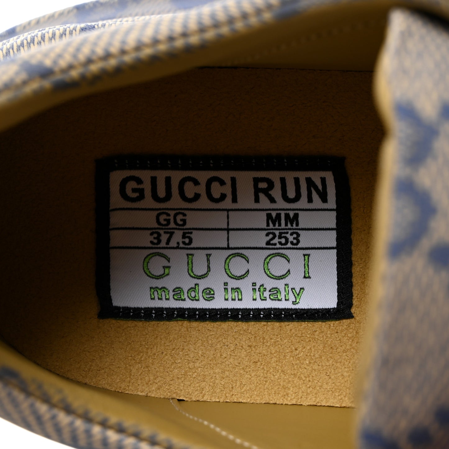 Ultralight Plume Calfskin Monogram Printed Womens Gucci Run Sneakers 37.5 Beige Blue