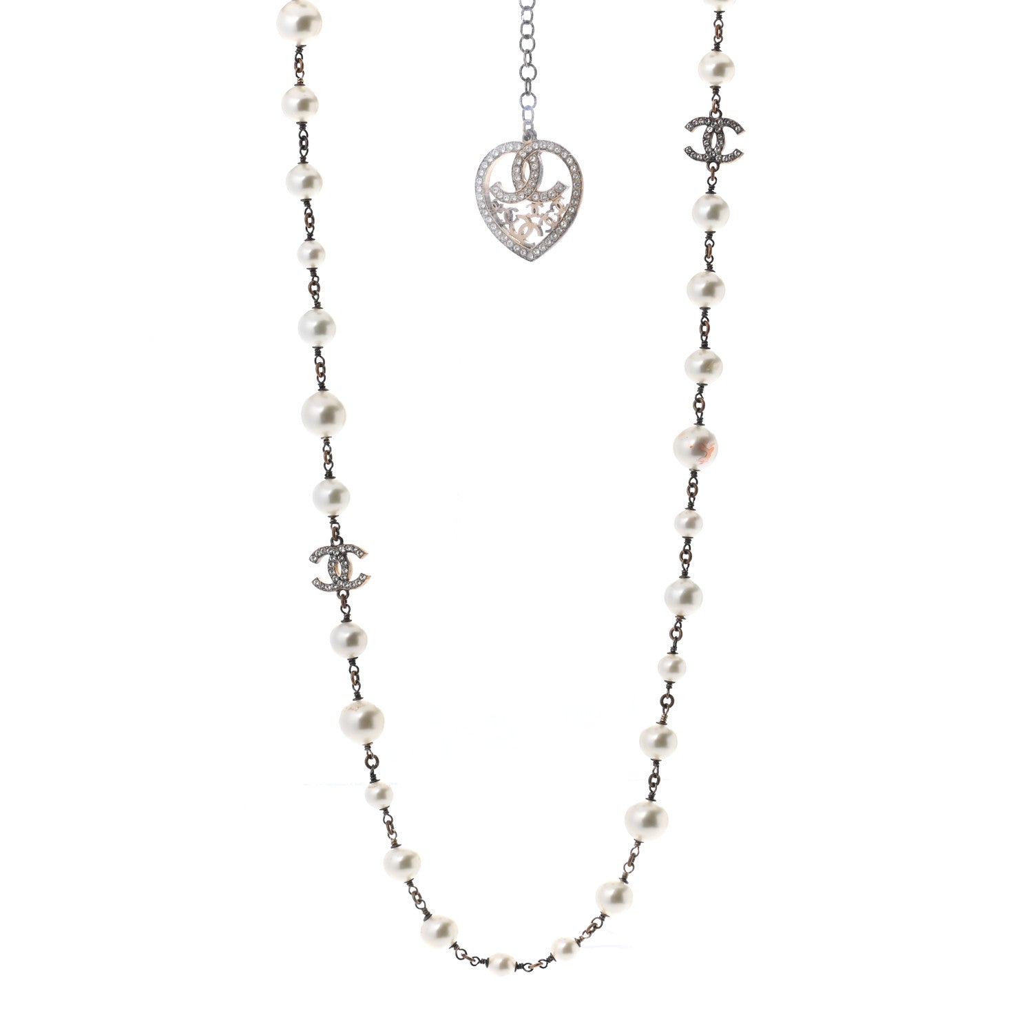 Chanel Swarovski Crystal Pearl CC Heart Necklace Gold 1 of 6