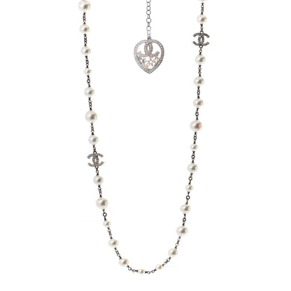 Chanel Swarovski Crystal Pearl CC Heart Necklace Gold 1 of 6
