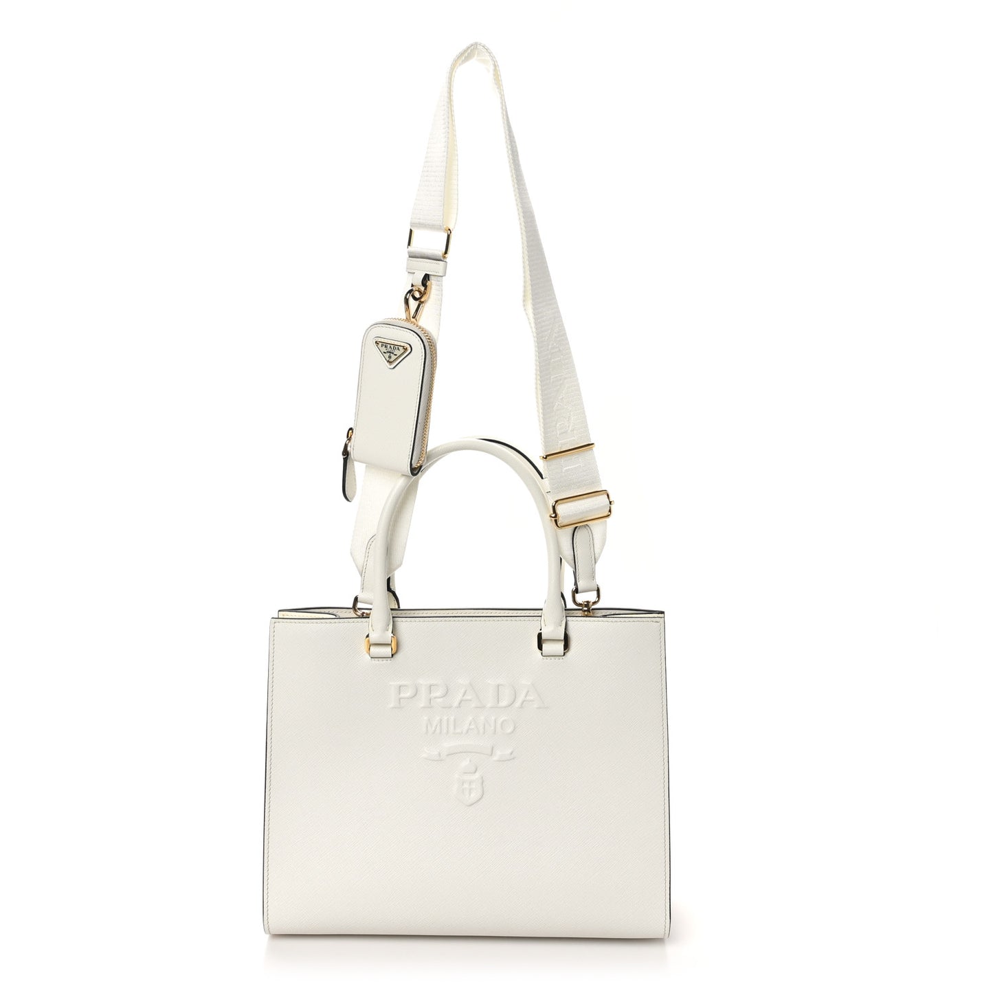 Saffiano Lux Logo Embossed Medium Shoulder Tote Handbag White
