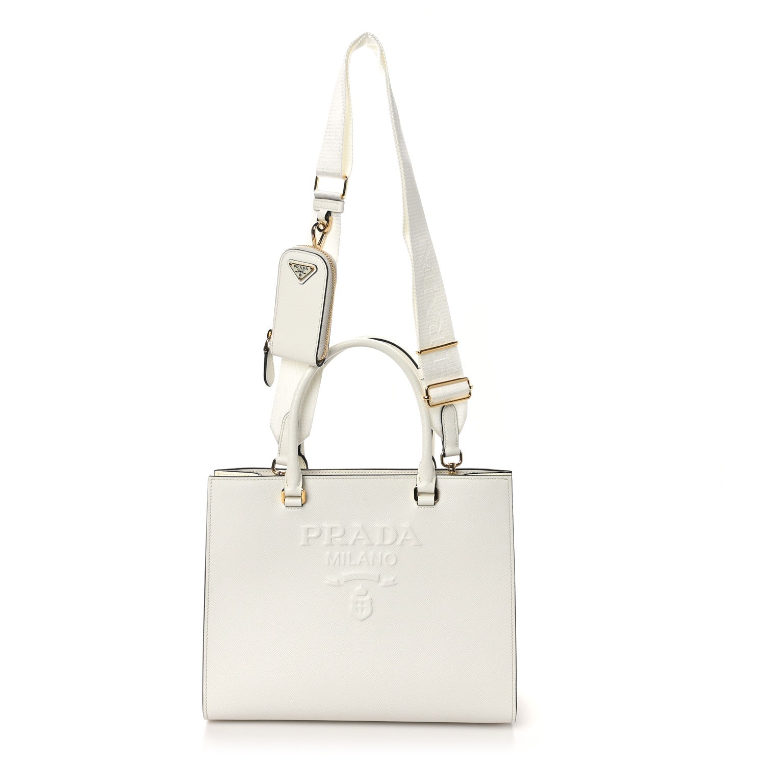 Prada Saffiano Lux Logo Embossed Medium Shoulder Tote Handbag White 1 of 8