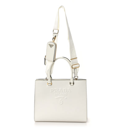 Prada Saffiano Lux Logo Embossed Medium Shoulder Tote Handbag White 1 of 8