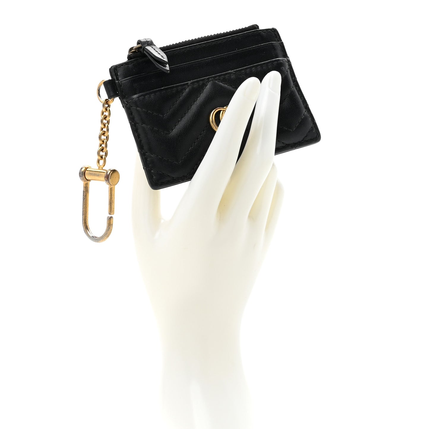 Calfskin Matelasse Chevron GG Marmont Key Case Card Holder Black