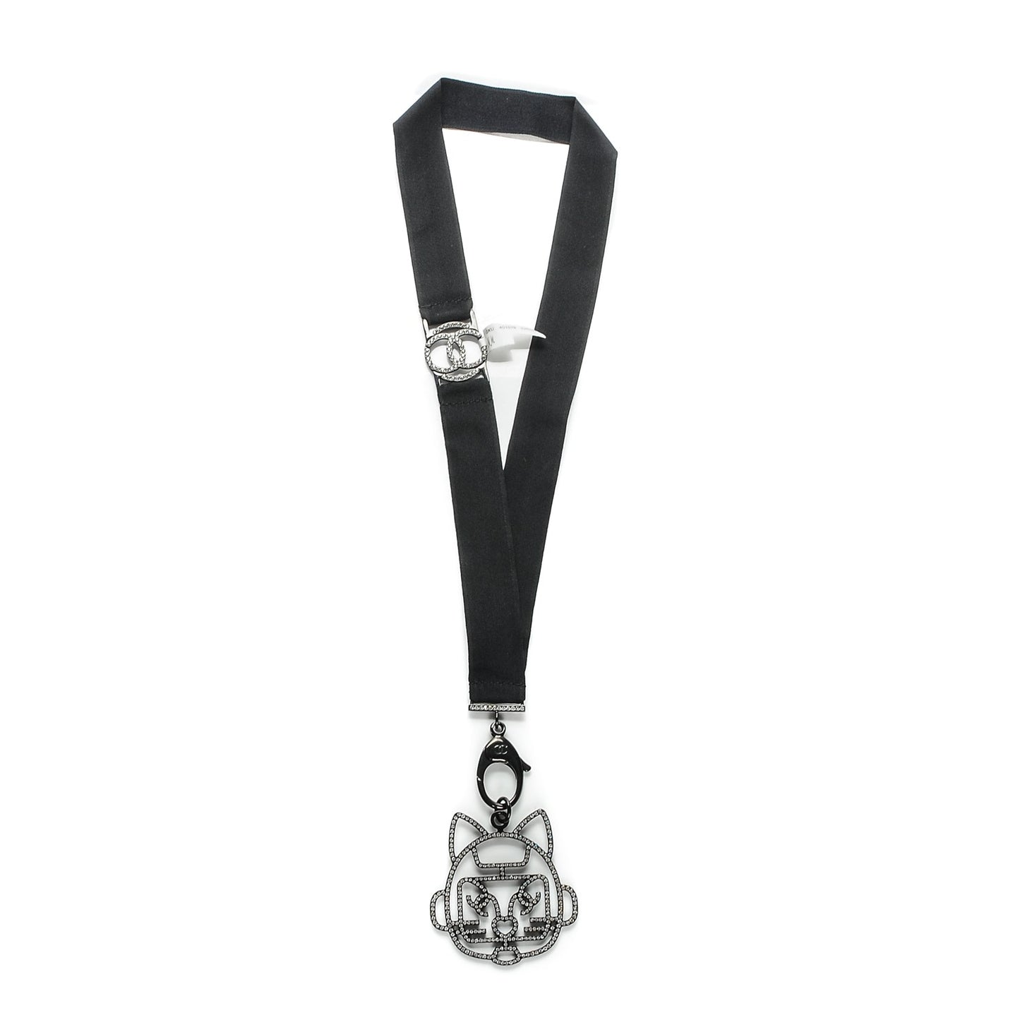 Crystal CC Emoji Robot Cat Lanyard Necklace Black Silver