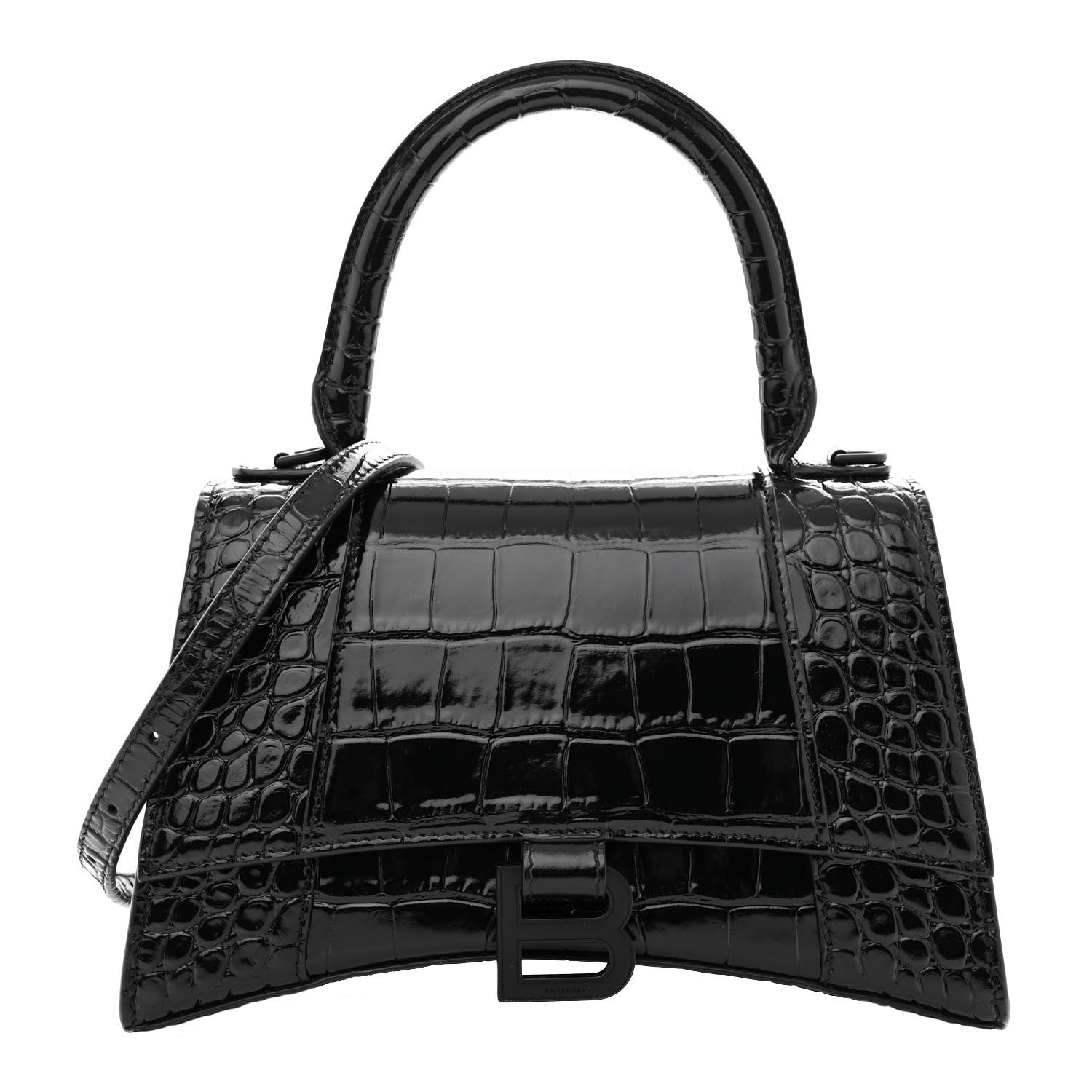 Balenciaga Shiny Calfskin Monochrome Crocodile Embossed Small Hourglass Top Handle Bag Black 1 of 10