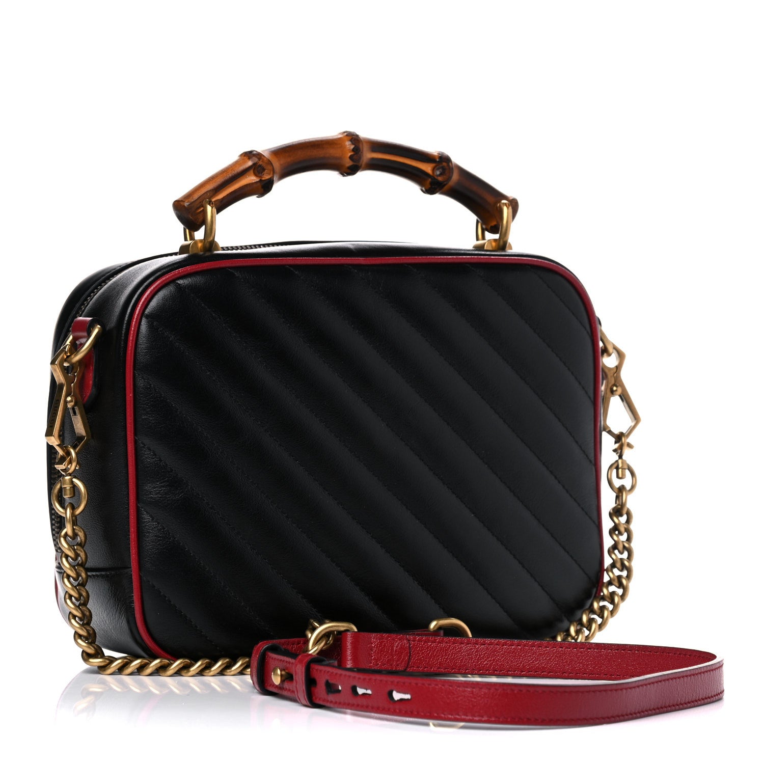 Gucci Vintage Effect Calfskin Matelasse Diagonal Small Torchon GG Marmont Bamboo Top Handle Shoulder Bag Black Romantic Cherry 2 of 10