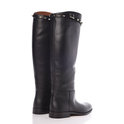 Valentino Garavani Calfskin Rockstud Knee High Flat Boots 38 Black 4 of 8