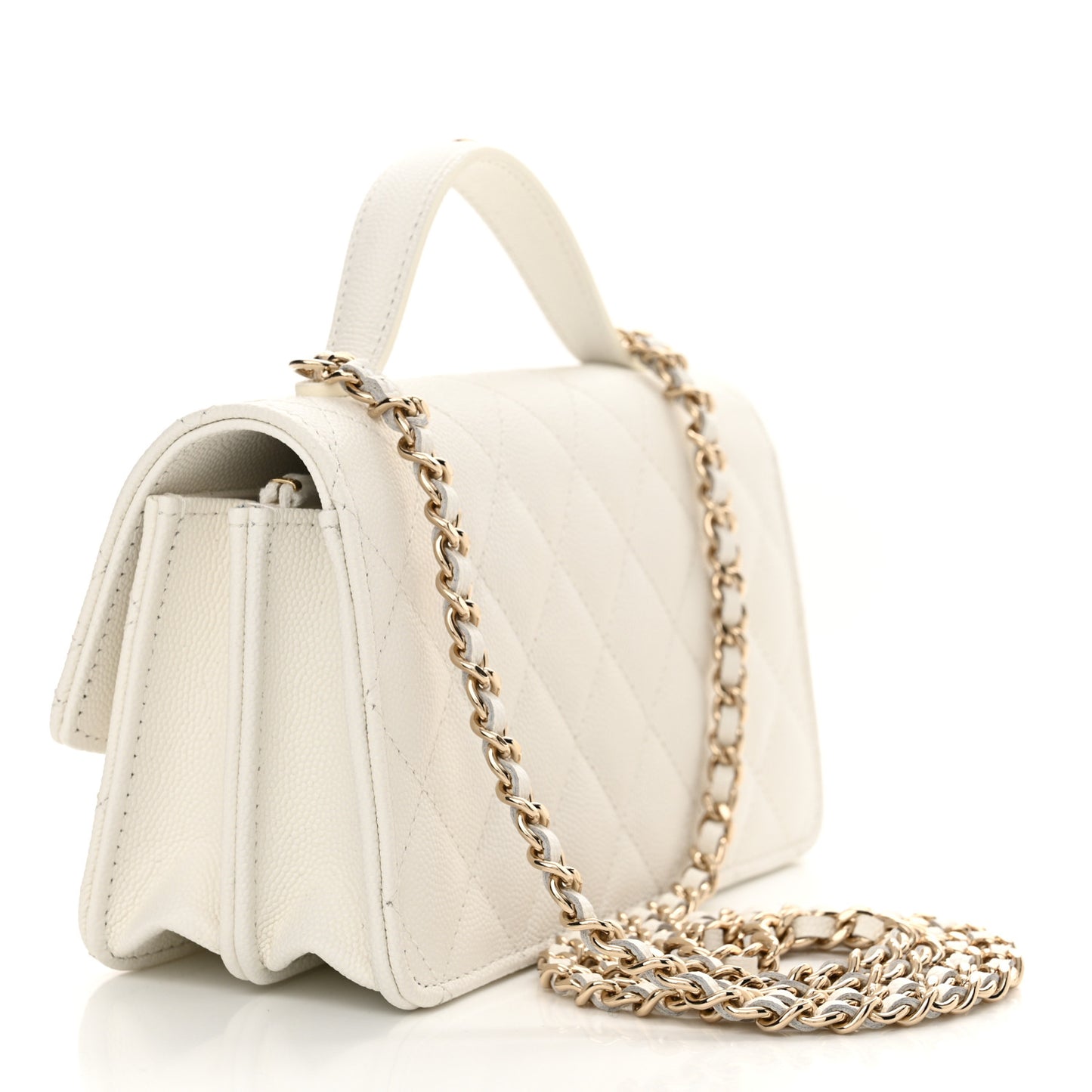 Caviar Quilted Trendy Handle Clutch With Chain White