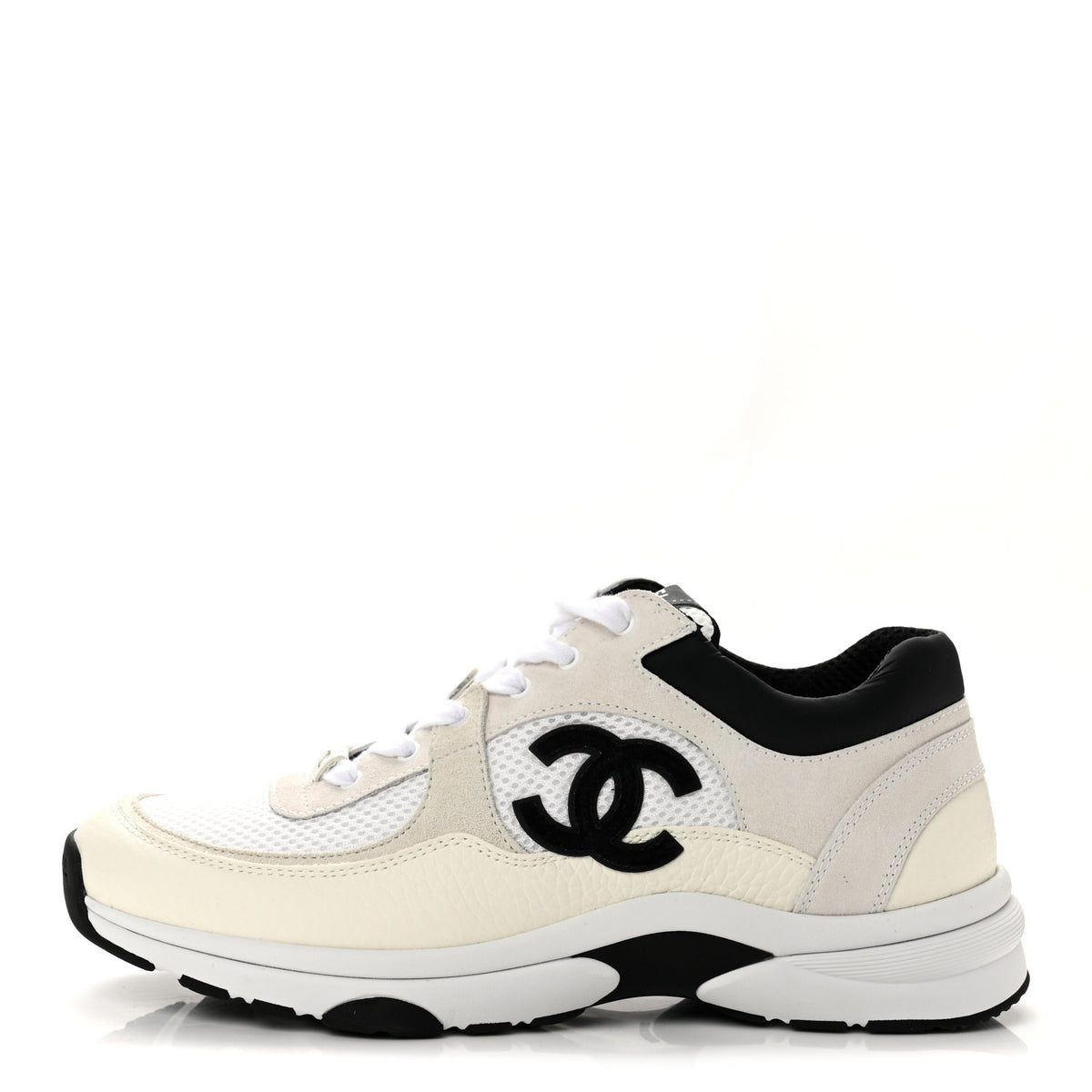 Chanel Mesh Suede Grained Calfskin Womens CC Sneakers 39.5 White Black 1 of 10