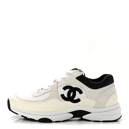 Chanel Mesh Suede Grained Calfskin Womens CC Sneakers 39.5 White Black 1 of 10