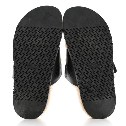 Hermes Calfskin Woolskin Womens Chypre Sandals 37.5 Black Ecru 5 of 9