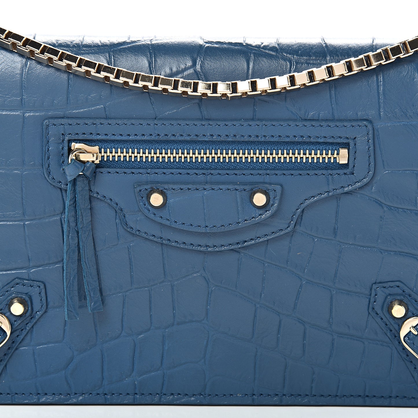 Calfskin Crocodile Embossed Classic Gold Hardware Wallet on Chain Bleu Marine