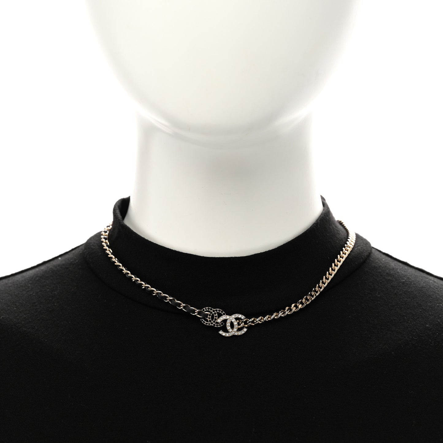 Metal Calfskin Crystal Double CC Short Necklace Black Gold