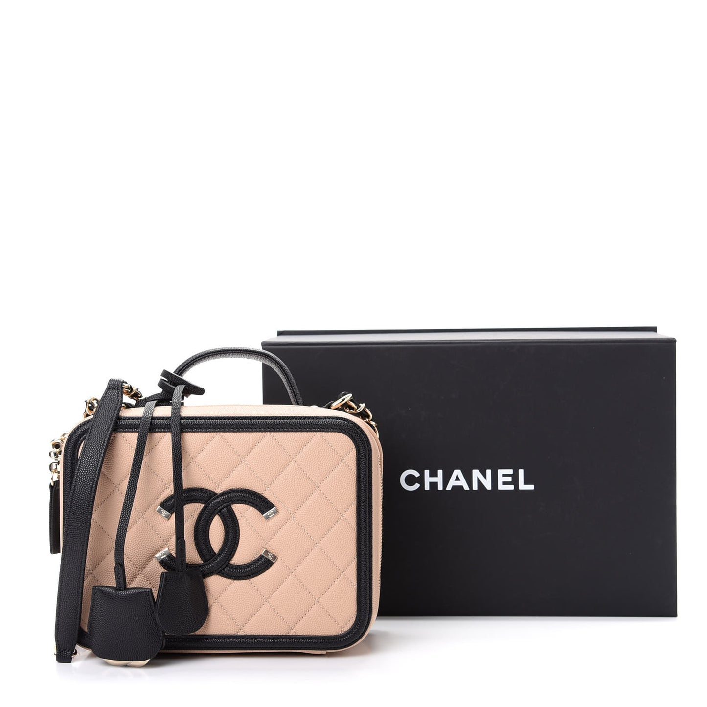 Caviar Quilted Medium CC Filigree Vanity Case Beige Black
