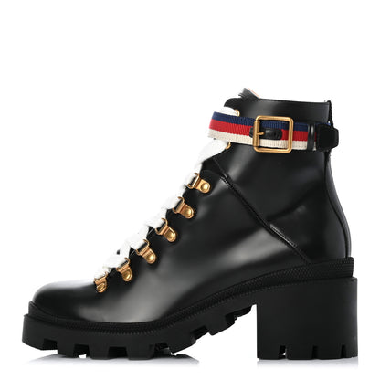 Gucci Calfskin Sylvie Web Womens Lace Up Combat Boots 38 Black 1 of 8