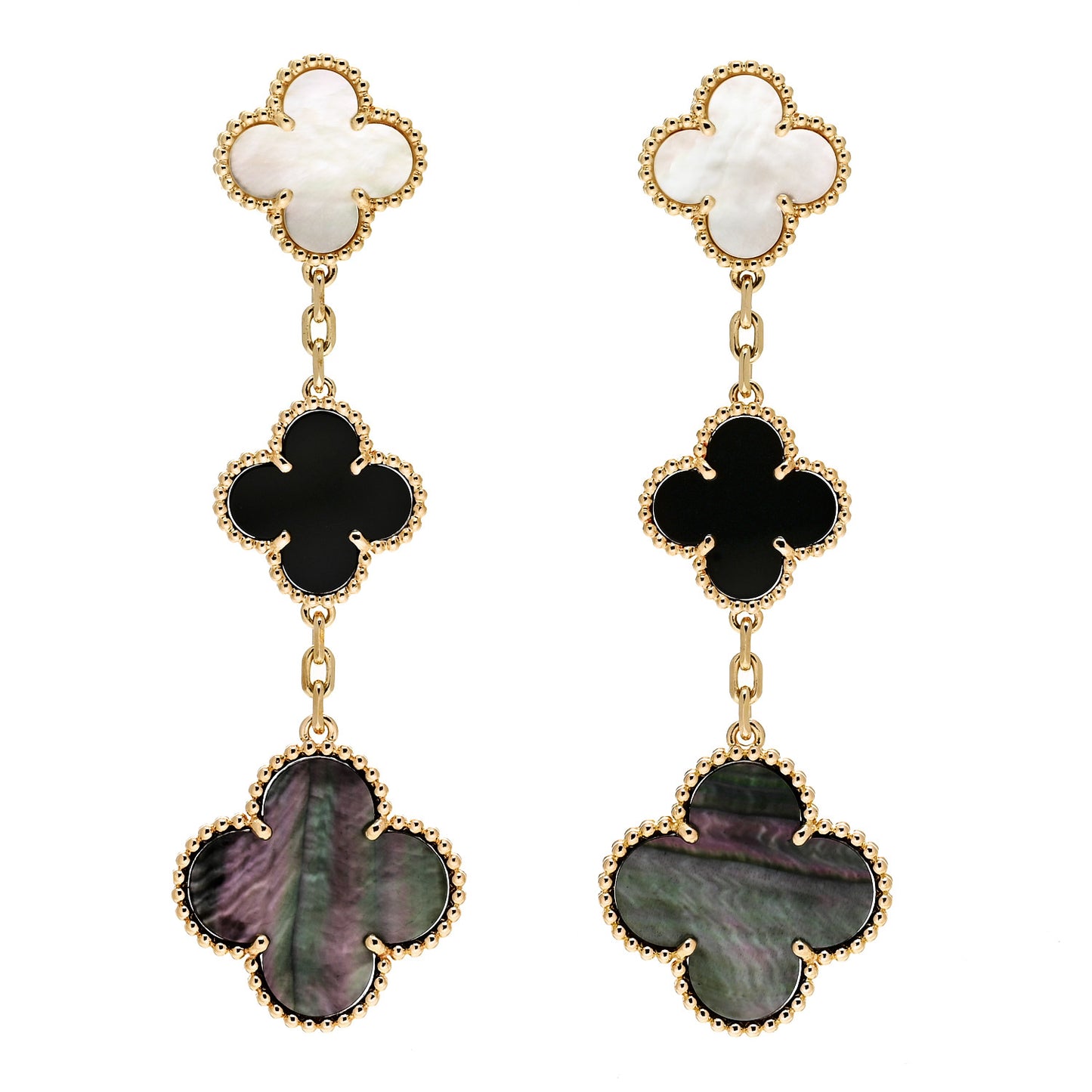 18K Yellow Gold Mother of Pearl Black Onyx 3 Motifs Magic Alhambra Earrings