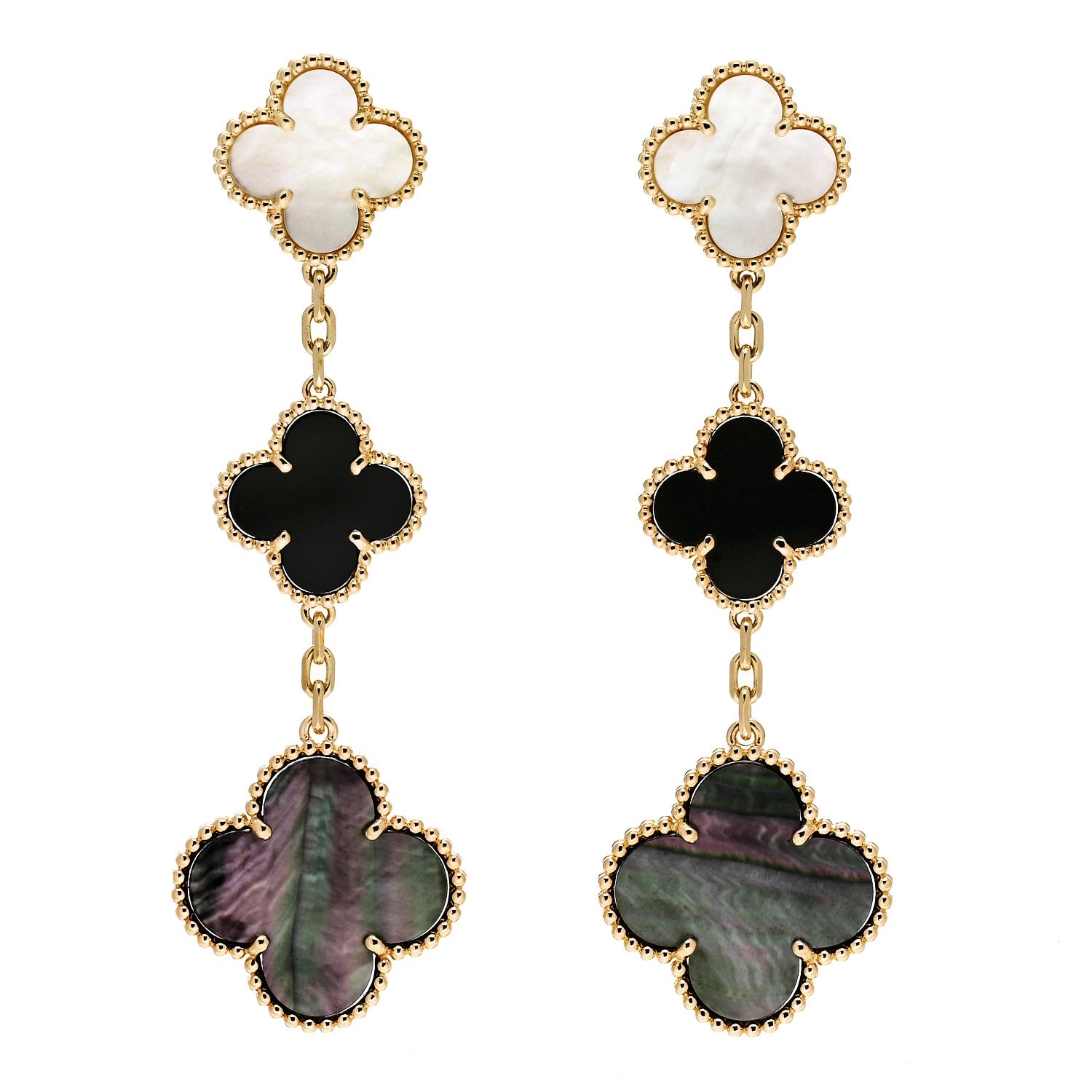 Van Cleef & Arpels 18K Yellow Gold Mother of Pearl Black Onyx 3 Motifs Magic Alhambra Earrings 1 of 5