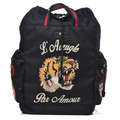 Gucci Techno Canvas Web L'Aveugle Par Amour Embroidered Drawstring Backpack Black 1 of 12