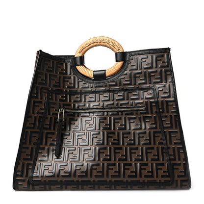 Fendi Vitello Century Wicker Bi-Color FF 1974 Embossed Large Runaway Shopper Tote Maya Black 1 of 6
