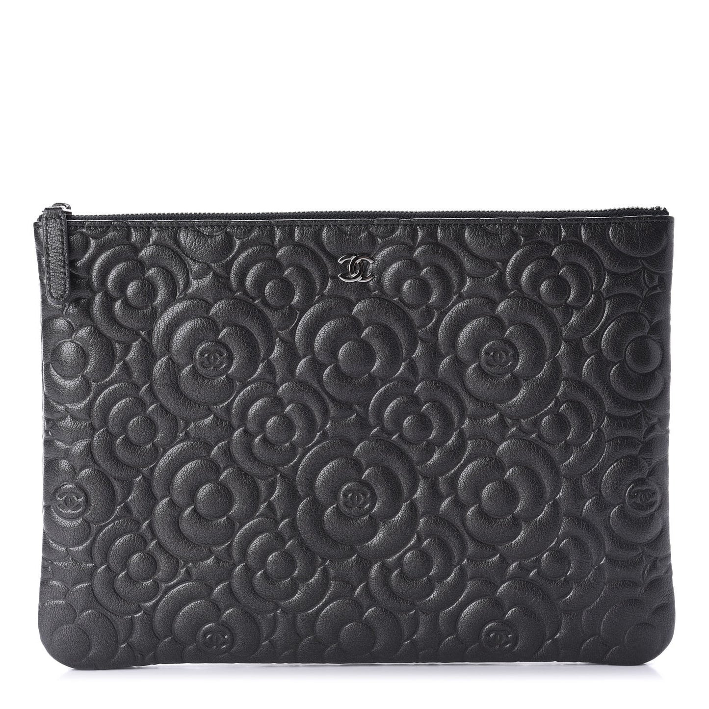 Goatskin Camellia Embossed Medium Cosmetic Case Dark Grey