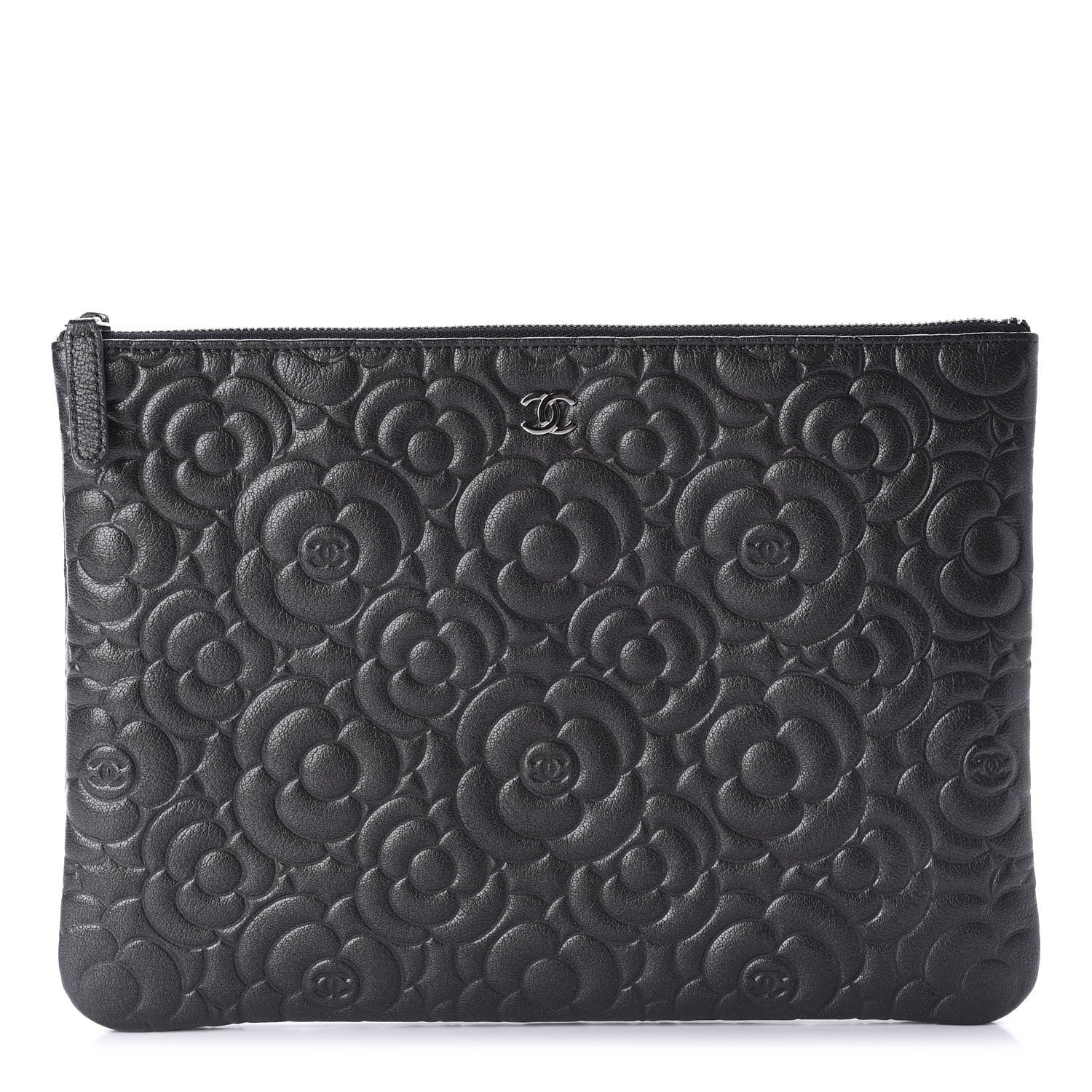 Chanel Goatskin Camellia Embossed Medium Cosmetic Case Dark Grey 1 of 10